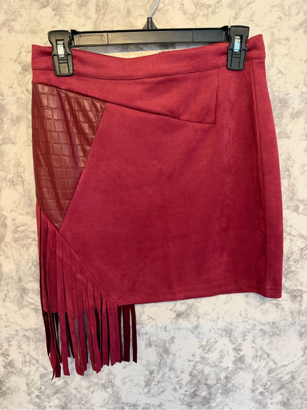 Burgundy Faux-Suede Mini Skirt with Croc Panel & Fringe